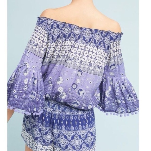 Anthropologie Raga Blue and White Off-Shoulder Romper L - Picture 7 of 7